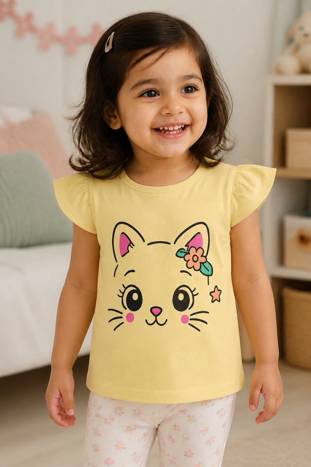 Fyst Girls Pastel Yellow Cute Kitten Graphic Cotton Cap Sleeve T-Shirt