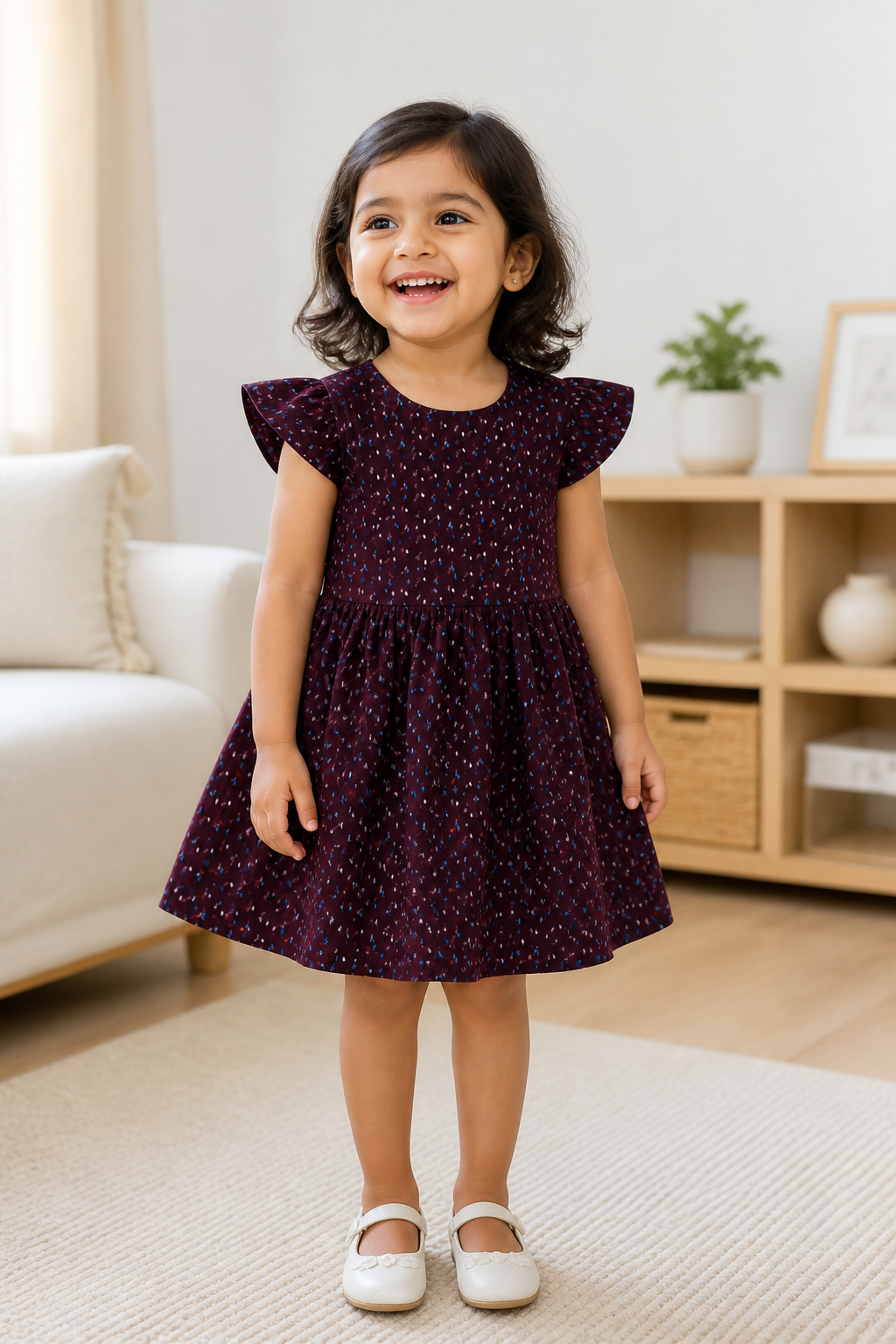Fyst Girls Burgundy All-Over Ditsy Floral Print Flutter Sleeve Cotton Frock Dress
