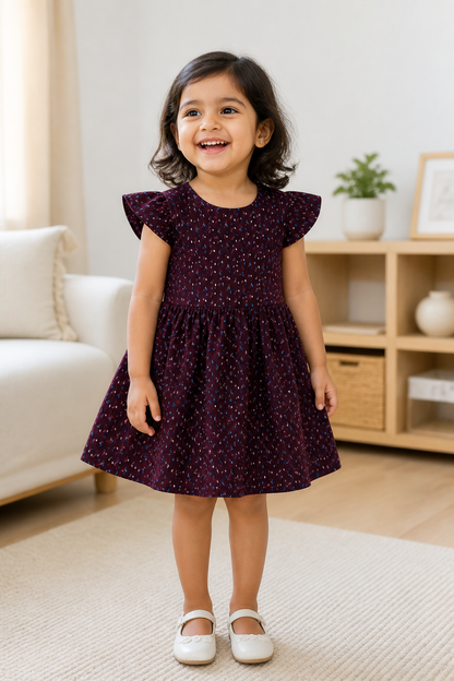 Fyst Girls Burgundy All-Over Ditsy Floral Print Flutter Sleeve Cotton Frock Dress