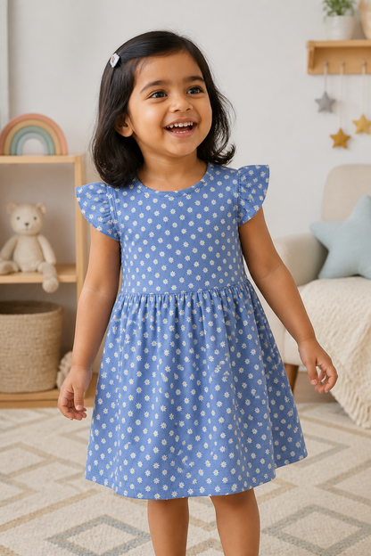 Fyst Girls Sky Blue All-Over Floral Daisy Print Flutter Sleeve Cotton Frock Dress