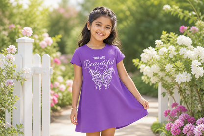 Fyst Girls Lavender Purple "You Are Beautiful" Butterfly Graphic Longline Cotton T-Shirt