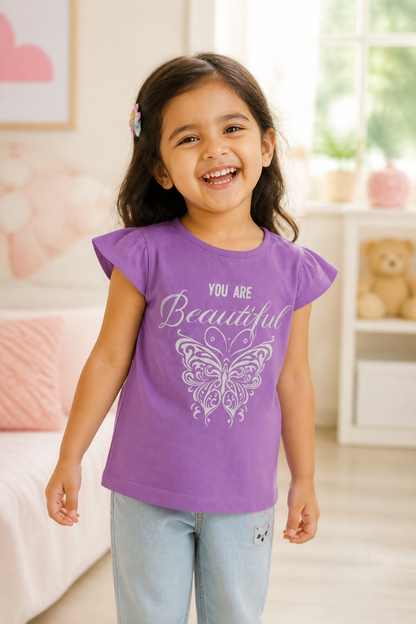 Fyst Girls Lavender Purple "You Are Beautiful" Butterfly Graphic Cotton Cap Sleeve T-Shirt