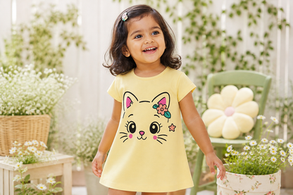 Fyst Girls Pastel Yellow Cute Kitten Graphic Pure Cotton Longline T-Shirt