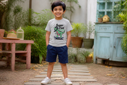 Fyst Boys Light Grey Skateboarding Dinosaur "Super Cool Dude" Graphic Cotton T-Shirt